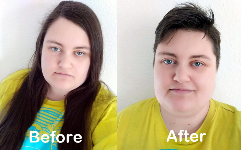 Before/After-Foto. Links Mim mit langen Haaren und gelbem T-Shirt, rechts mit kurzen Haaren und gelbem T-Shirt